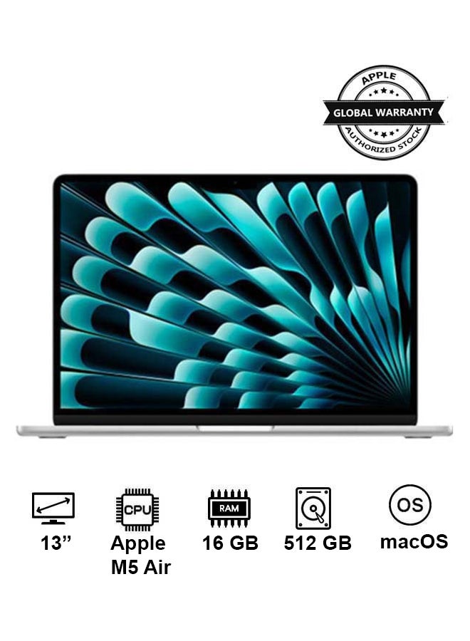 New 2026 MacBook Air MDH74 13 Inch Display | M5 Air 10-Core CPU 8-Core GPU | 16GB RAM | 512GB SSD | macOS | English Keyboard International Version | Silver